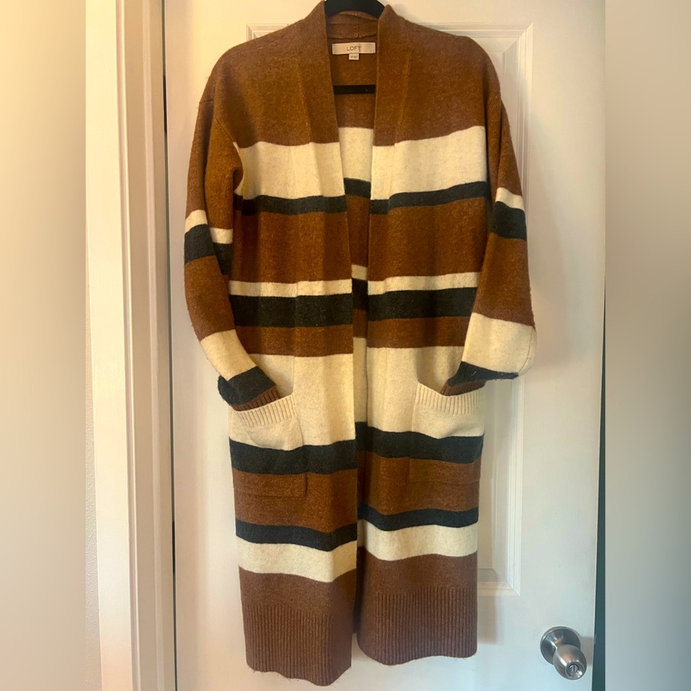 LOFT Striped Brown and Cream Long Cardigan